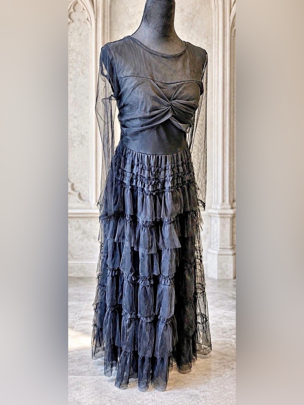 Black Gothic Mesh Ruffle Maxi Dress Sheer Long Sleeve Romantic Goth